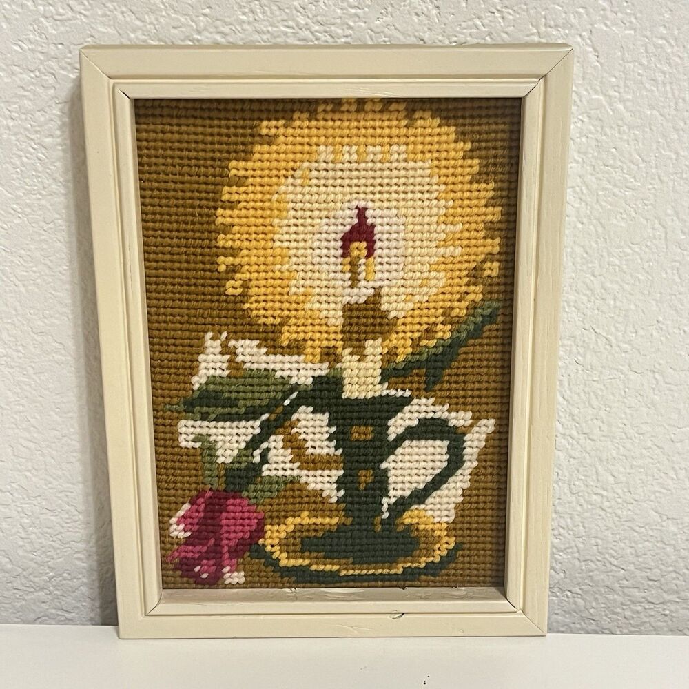 Vintage Love Letter Candle Rose Needlepoint Completed Art in Frame Wall Hanging